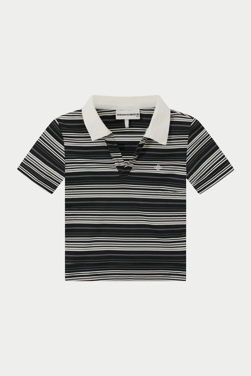 STRIPE SHORT SLEEVE POLO TOP - BLACK | The Couture Club
