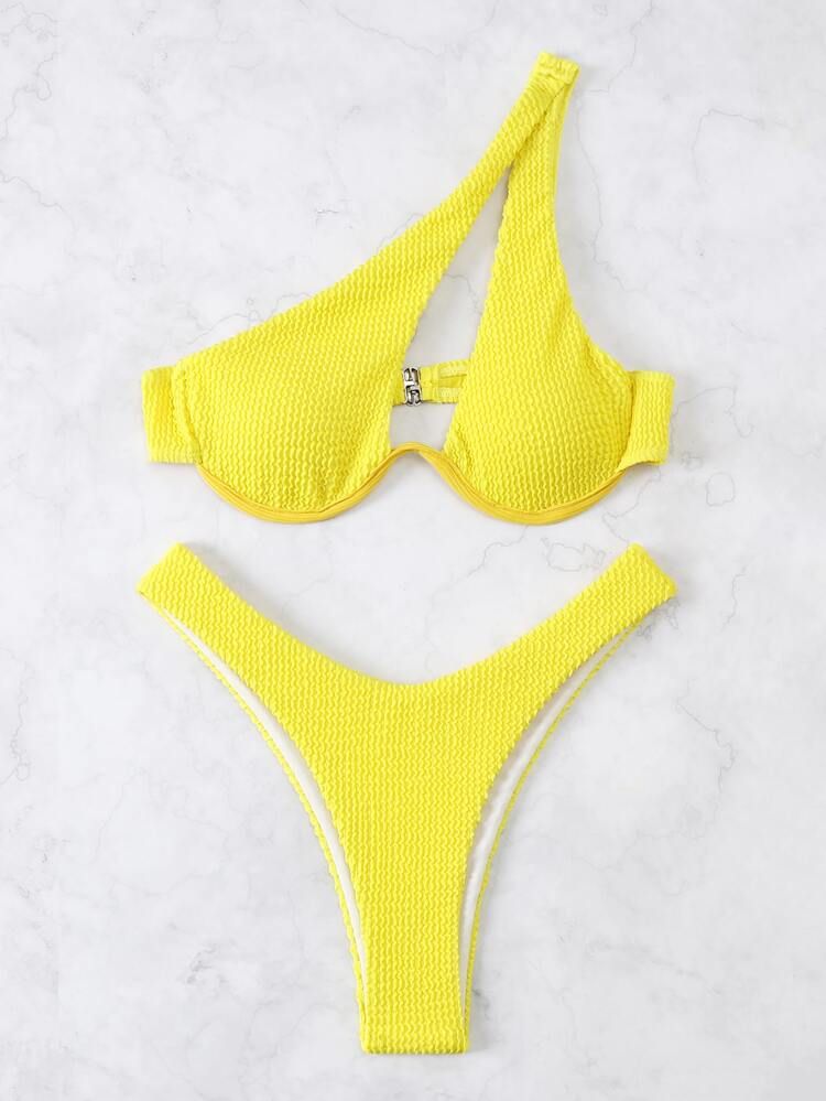 Textured Underwire One Shoulder Bikini Swimsuit | SHEIN