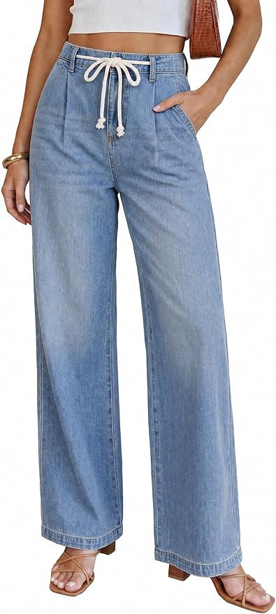 ANRABESS Womens Wide Leg Jeans High Waisted Trendy Drawstring Denim Pants Casual Relaxed Fit Trou... | Amazon (US)