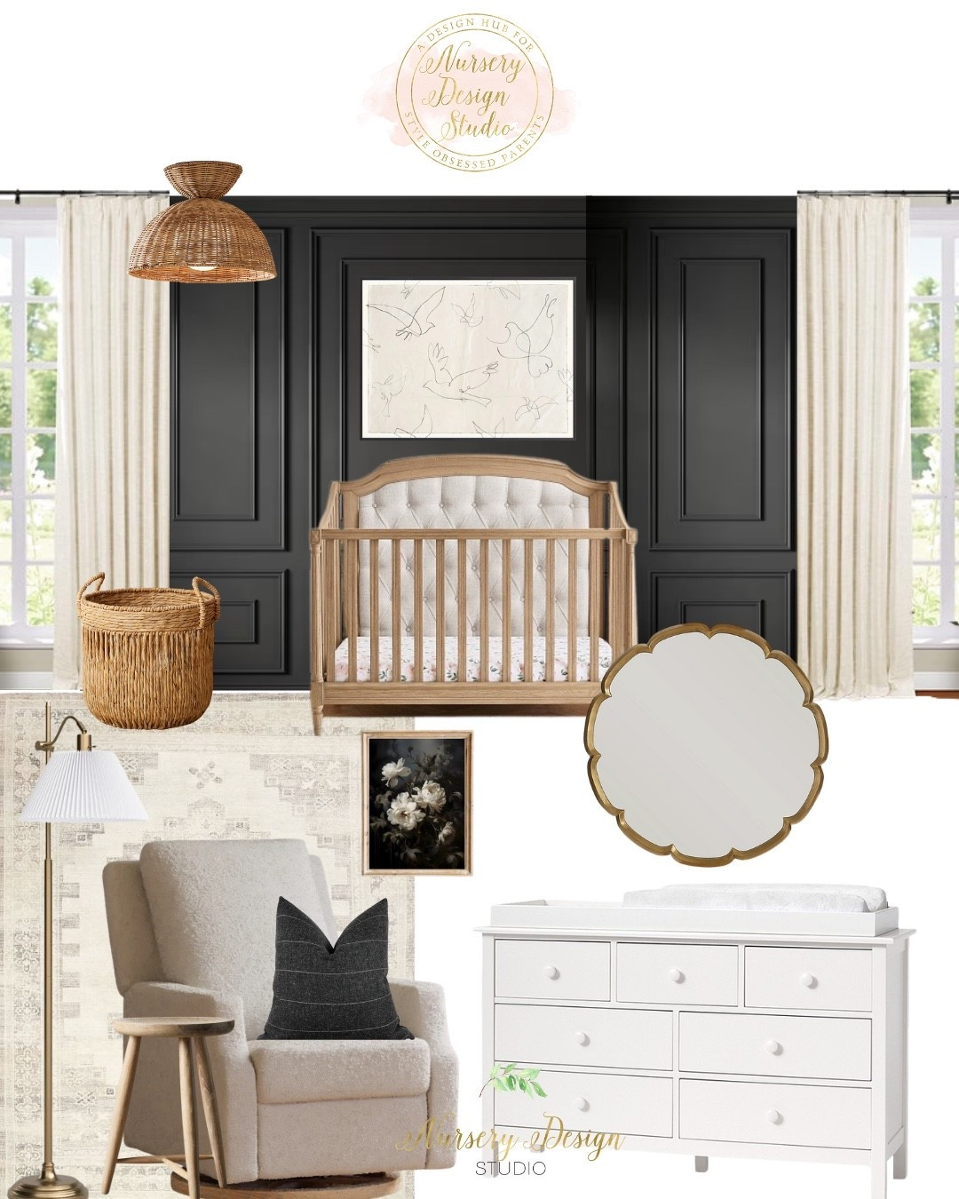 A dark nursery done right 🖤 Sherwin-Williams Iron Ore creates the dramatic backdrop, balanced with an upholstered wood crib, ivory bouclé recliner, classic white dresser, vintage-inspired rug, woven lighting, and warm brass accents. Proof that a nursery can feel cozy, sophisticated, and timeless without relying on traditional baby colors. Shop Athena’s nursery below.

#LTKKids #LTKBump #LTKBaby