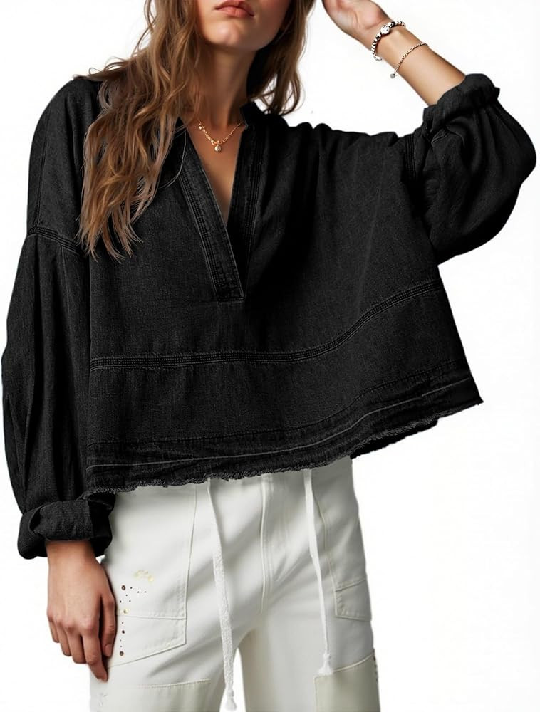 PLNOTME Womens Denim Tops Pullover Trendy Casual V Neck Loose Fit Puff Sleeve Jean Cotton Shirts | Amazon (US)
