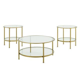 CROSLEY FURNITURE Aimee 3-Piece Gold Round Glass Coffee Table Set with Shelf, Soft Gold | The Home Depot