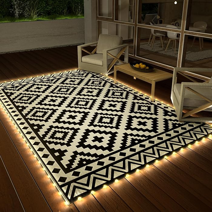 HAUSHOF 5'X8' Outdoor Rug Waterproof with LED Strip Light, Reversible Outdoor Plastic Straw Rug, ... | Amazon (US)