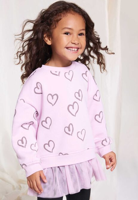 Younger Girls Pink Heart Print Tutu Sweatshirt | Peacocks