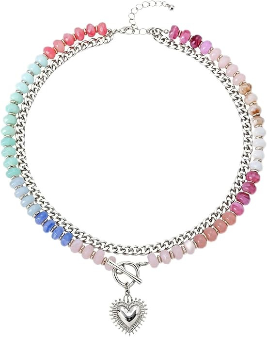 Colorful Beaded Chunky Heart Pendant Necklace for Women Boho Rainbow Resin Beads Double Layer Nec... | Amazon (US)