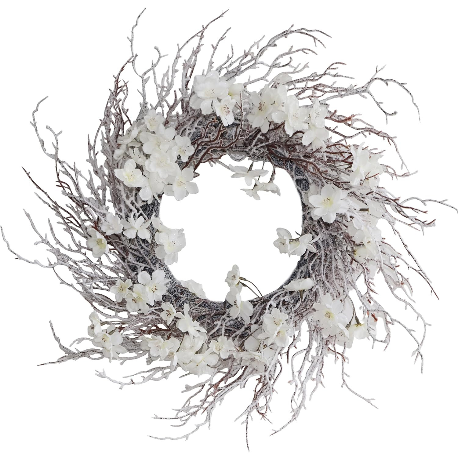 20 Inch White Flower Winter Wreath with Snow Flocked Twigs- Artificial Winter Wreaths for Front D... | Amazon (US)