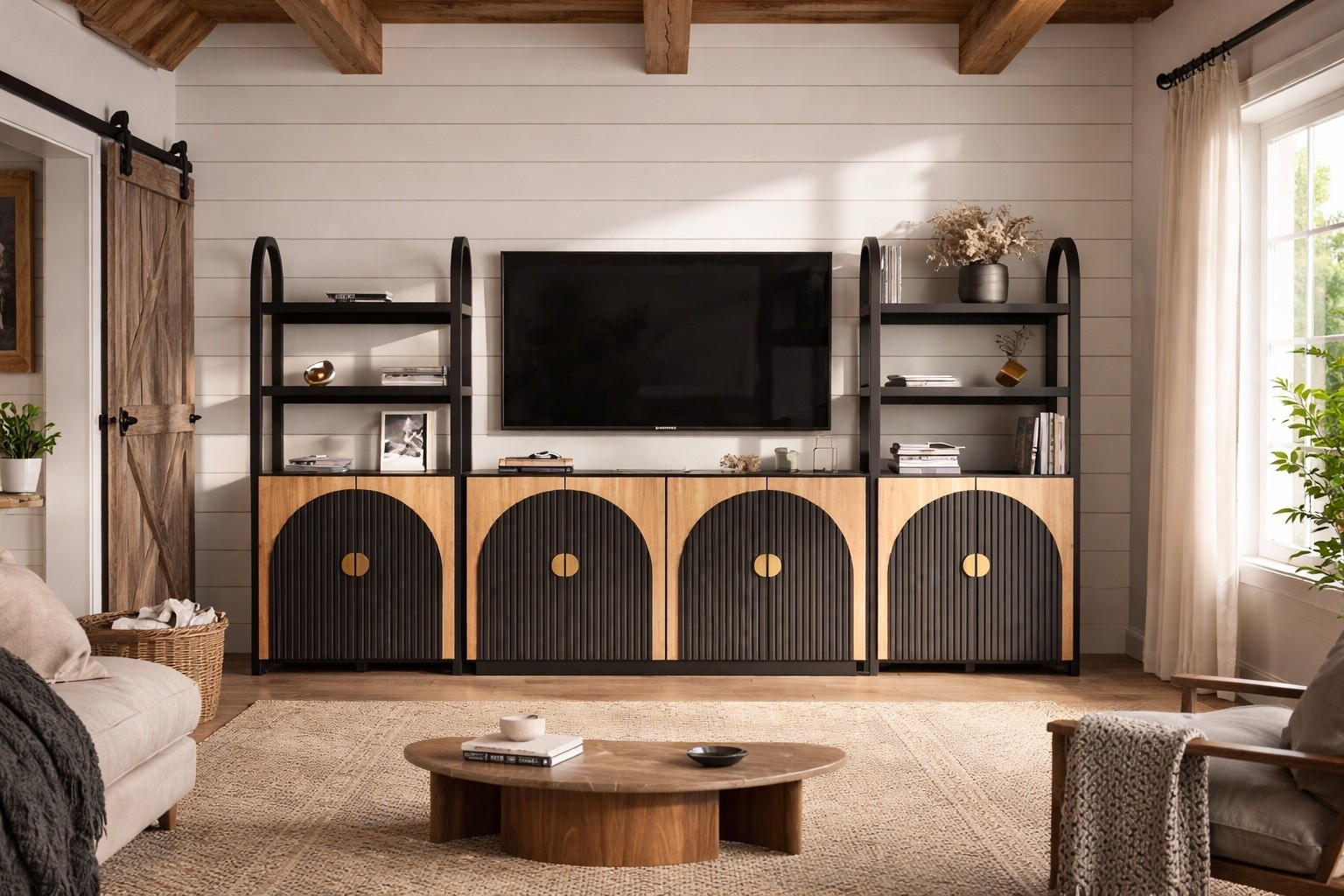 Farmhouse living room glow up 🤍 This TV stand completely elevated my space—modern, cozy, and functional all in one. Linking everything to recreate this look 👇 #LTKhome #LTKstyle #farmhouseliving