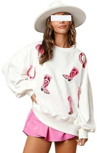 Yiulangde Womens Sequin Heart Sweatshirt Cute Cowboy Boots Crewneck Sweaters Sparkly Love Oversized Long Sleeve Pullover Tops | Amazon (US)