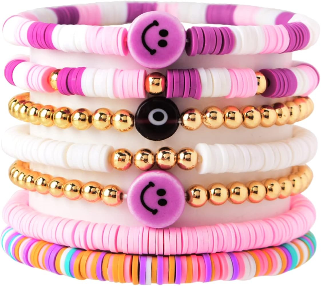 Surfer Heishi Smiley Face Beaded Bracelets for Women, Stackable Smile Evil Eye Preppy Stretch Bracel | Amazon (US)