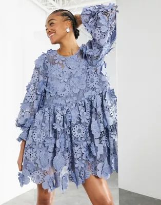 ASOS EDITION tiered mini dress with 3D floral embroidery | ASOS (Global)