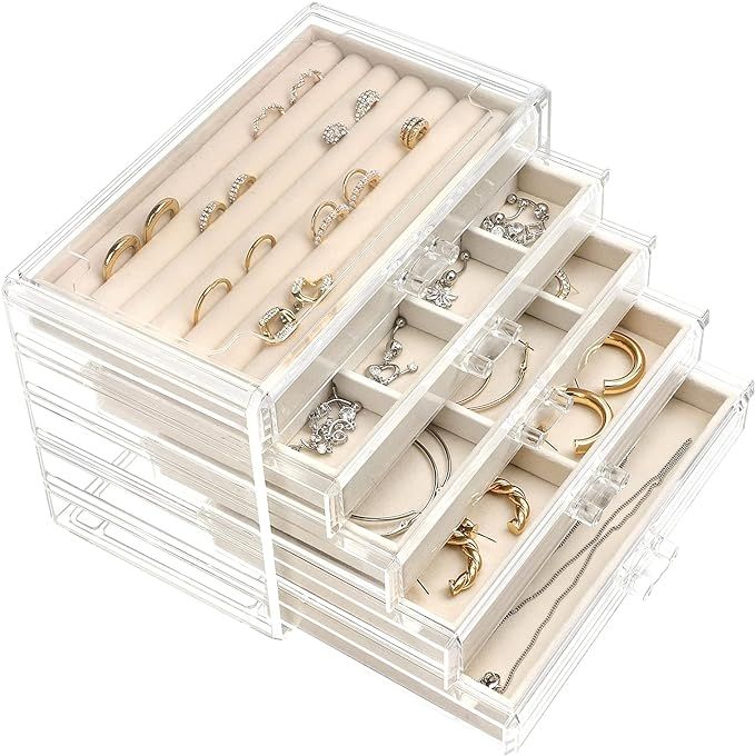 UYBeauty Acrylic Jewelry Box with 5 Drawers,Velvet Jewellery Organizer,Jewelry Storage Case for E... | Amazon (US)