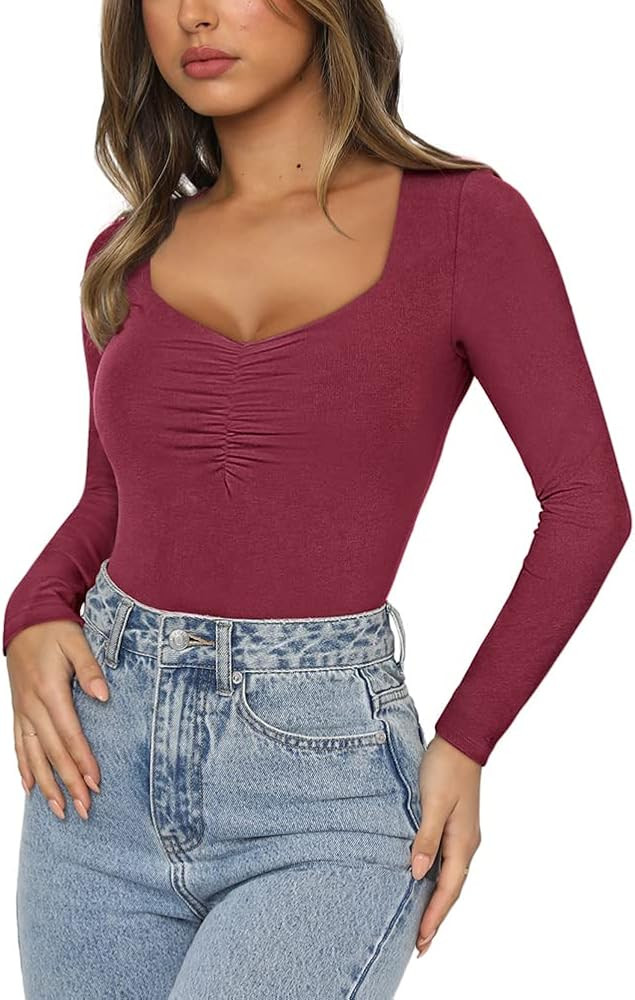REORIA Womens Sexy Square Neck Ruched Double Lined Long Sleeve Bodysuit Tops Jumpsuits | Amazon (US)
