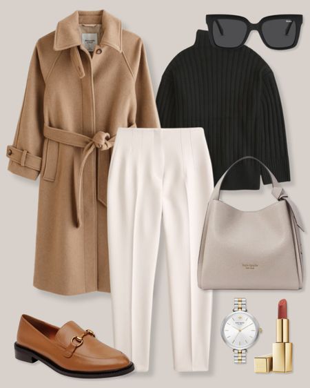 Camel coat
Camel wool coat
Black sweater
Black turtleneck sweater
Black sunglasses
White pants
Cream pants
Taupe bag
Kate spade bag
Brown loafers with gold horsebit
Silver and gold watch
Pink lipstick
Abercrombie outfit
Smart casual outfit
Business casual outfit
Winter work outfit

#LTKstyletip #LTKSeasonal #LTKworkwear