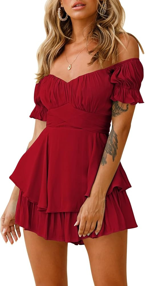 AOHITE Womens Summer Tube Top Dress Off-Shoulder Ruffled Flowy Mini Short Dresses | Amazon (US)