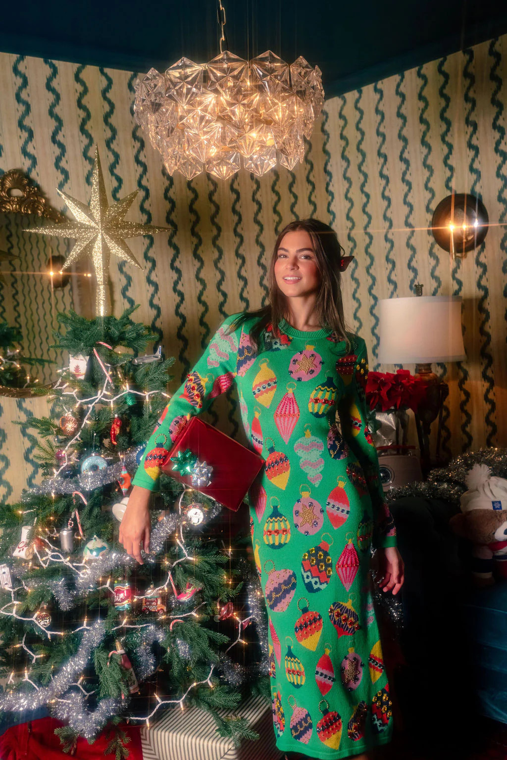 Green Multi Ornament Knit Maxi Dress | Queen of Sparkles