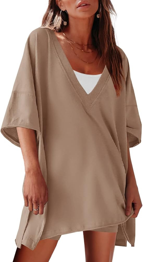 SENSERISE Womens Workout Set 2 Piece Outfits Short Sleeve V Neck T Shirts Biker Shorts Yoga Rever... | Amazon (US)