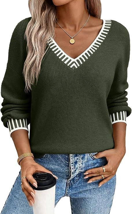Dokotoo Womens Sweaters Casual V Neck Long Sleeve Contrast Knit Pullover Sweater Solid Fall Outfi... | Amazon (US)
