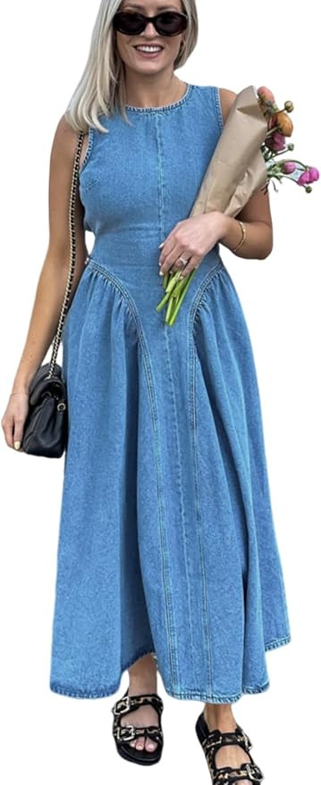 utcoco Women's Sexy Tie Open Back Denim Tank Dress Sleeveless Ruffle Swing Jean Dress | Amazon (US)