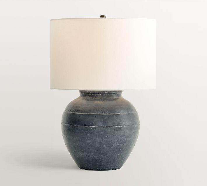 Faris Ceramic 21"" Table Lamp, Matte Black Base with Large Textured Shade, Ivory | Pottery Barn (US)