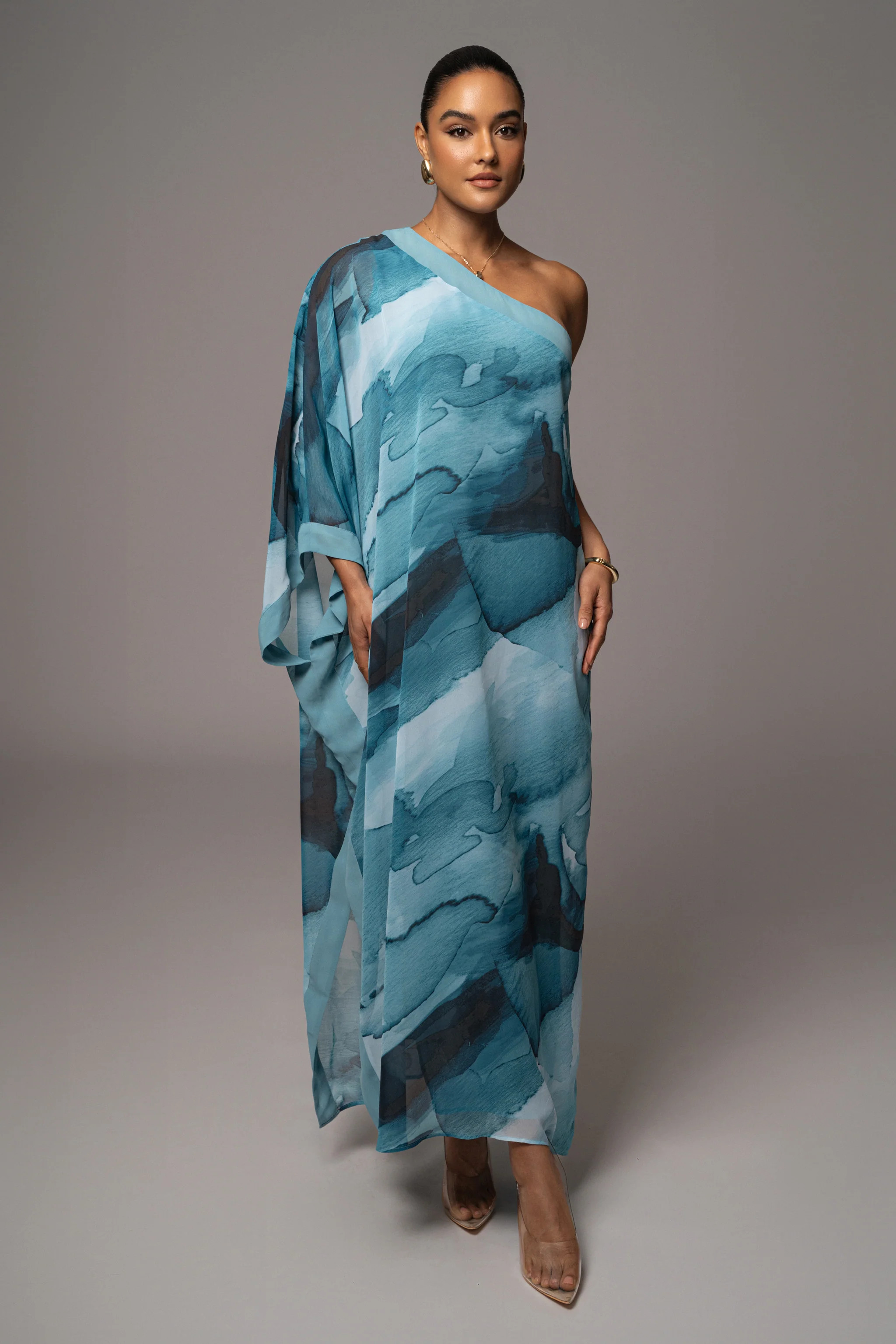 Blue Abstract Mariel One Shoulder Maxi Dress | JLUXLABEL