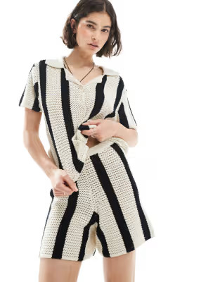 Pieces crochet knit short co-ord in black and white stripe | ASOS | ASOS (Global)