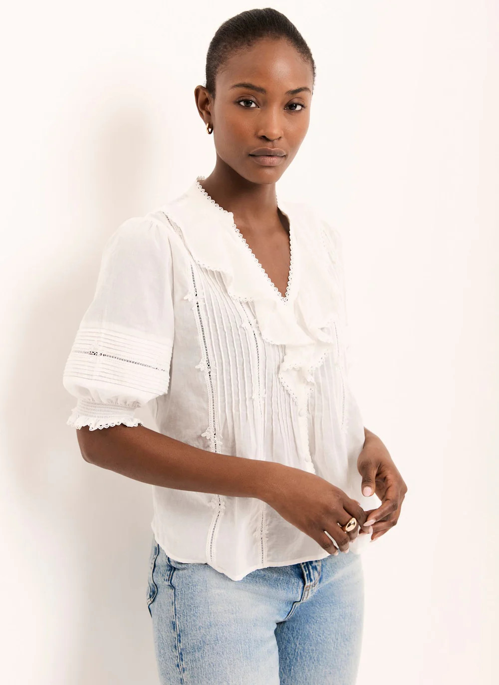 Cream Cotton Ruffle Blouse | Mint Velvet