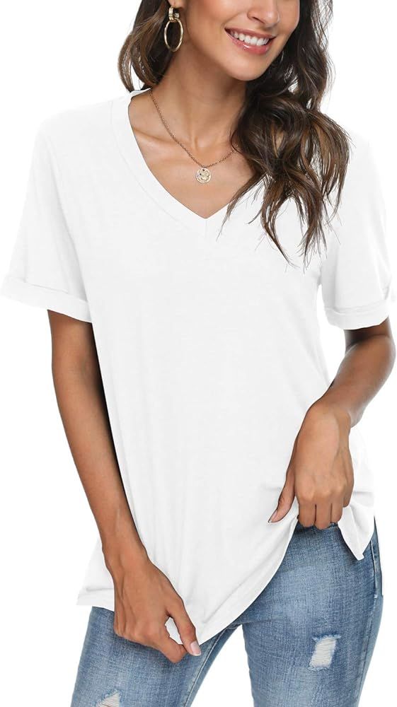 LONGYUAN Women's Summer Short Sleeve Vneck Tshirts Side Split Casual Tops Comfort Loose Fitting B... | Amazon (US)