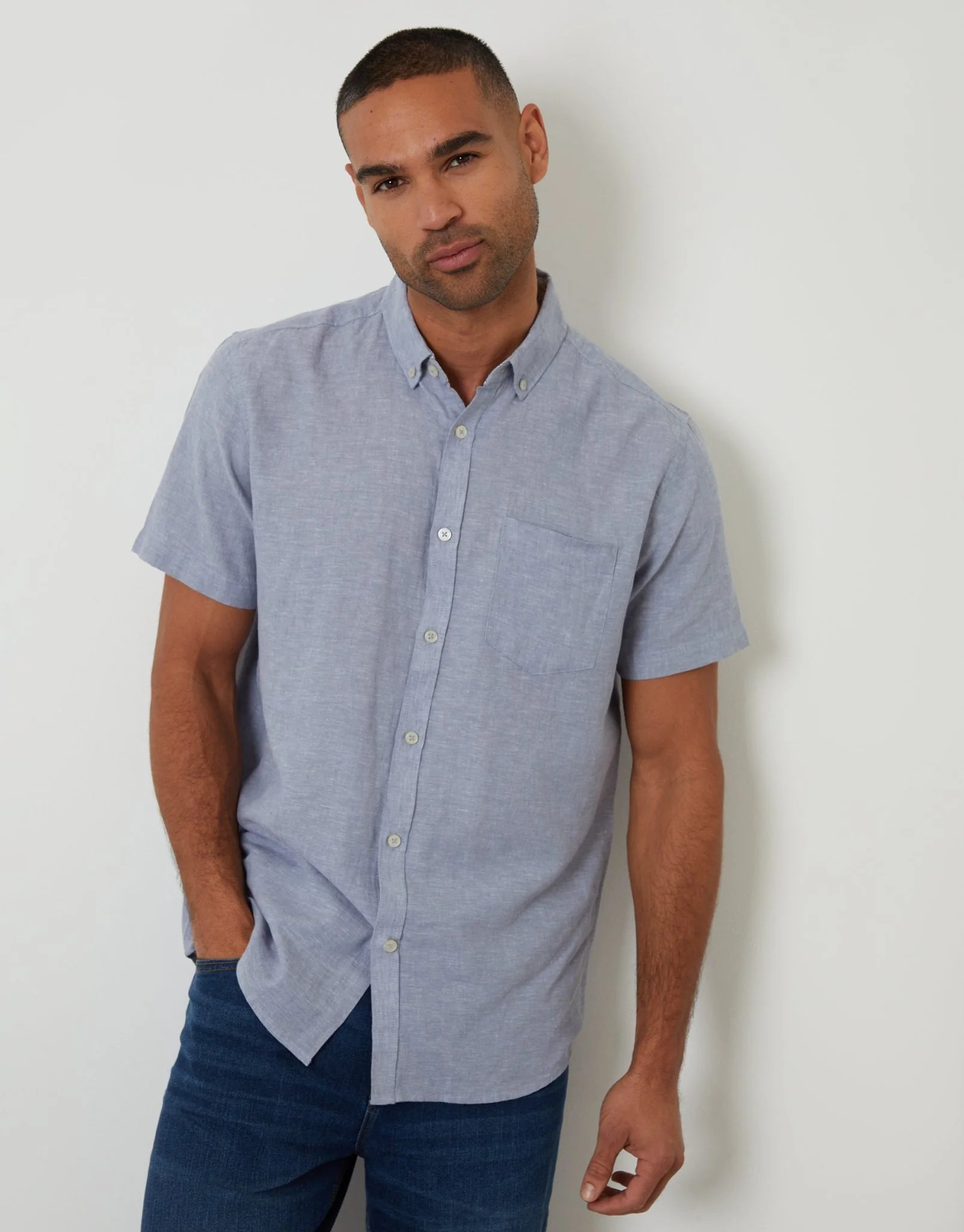 Short Sleeve Linen Blend Shirt in Denim Blue | Threadbare UK