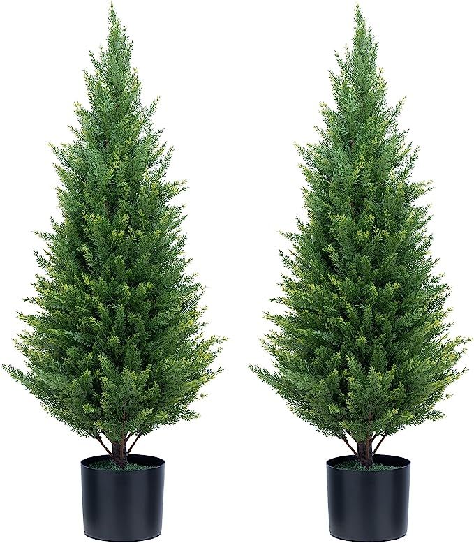 ECOLVANT Two 3 Foot Artificial Cedar Trees Indoor Outdoor UV Rated Potted Plants Artificial Topia... | Amazon (US)