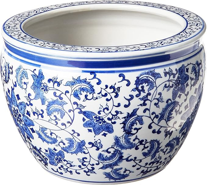 Oriental Furniture 12" Floral Blue & White Porcelain Fishbowl | Amazon (US)