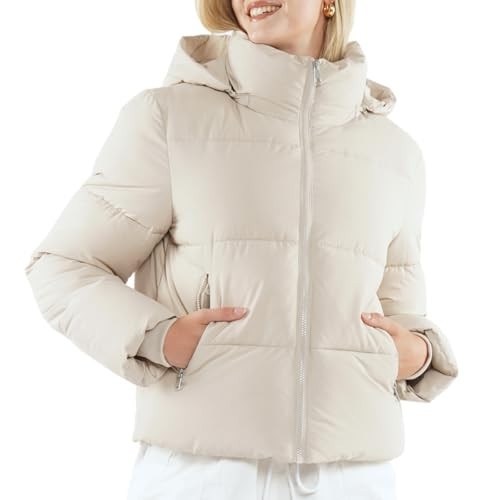PUFFIT Women's Cropped Puffer Jackets,Warm Winter Jacket with Removable Hood,Zipped Pockets,Short Ladies Quilted Coat | Amazon (US)