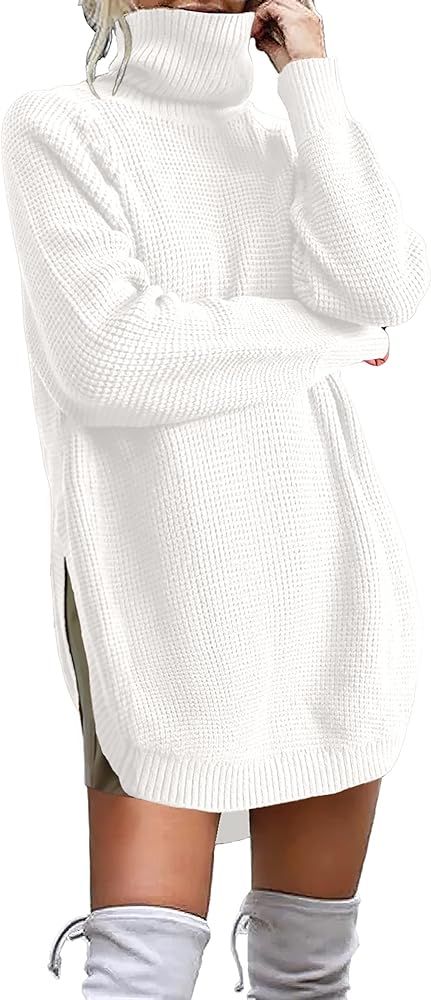 Amazon.com: KIRUNDO Women's Casual Waffle Knit Turtleneck Sweater Dress Long Sleeve Solid Irregul... | Amazon (US)