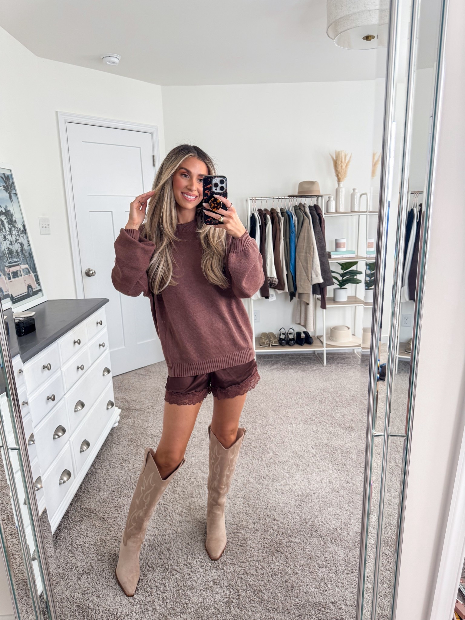 Fall outfit idea that could be perfect for Thanksgiving! 
+ sweater: small
+ satin lace shorts: small
+ fall boots: true to size 

#LTKSeasonal #LTKStyleTip #LTKFindsUnder100