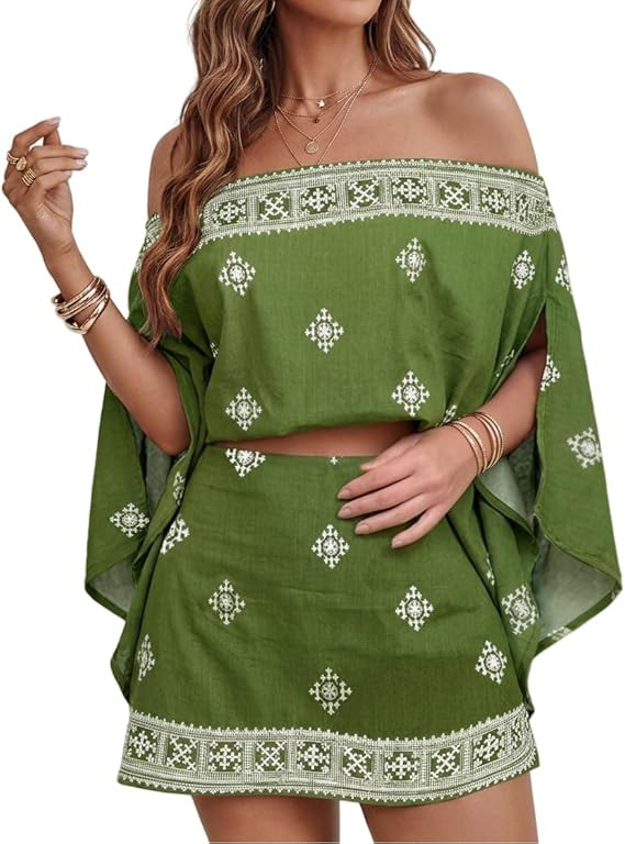 CHICME Women's 3 Piece Summer Outfits Off Shoulder Batwing Sleeve Tops with Bandeau and Skorts Se... | Amazon (US)