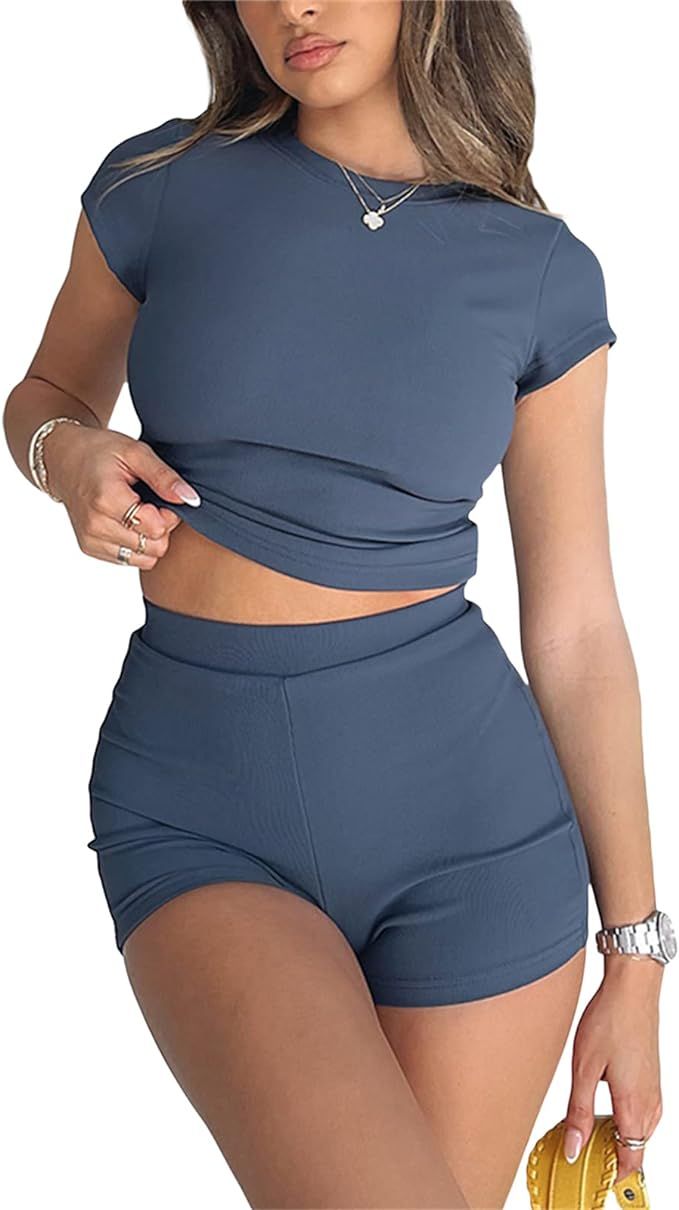 Passec Y2k 2 Piece Skinny Shorts Set Ribbed Short Sleeve Tight T-Shirt Bodycon Shorts Workout Run... | Amazon (US)
