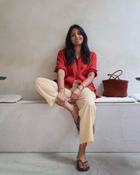 Spring outfit, red linen shirt, gingham trousers, yellow trousers, sleepers black flip flops, Ganni bag, spring summer style 

#LTKeurope #LTKstyletip #LTKspring