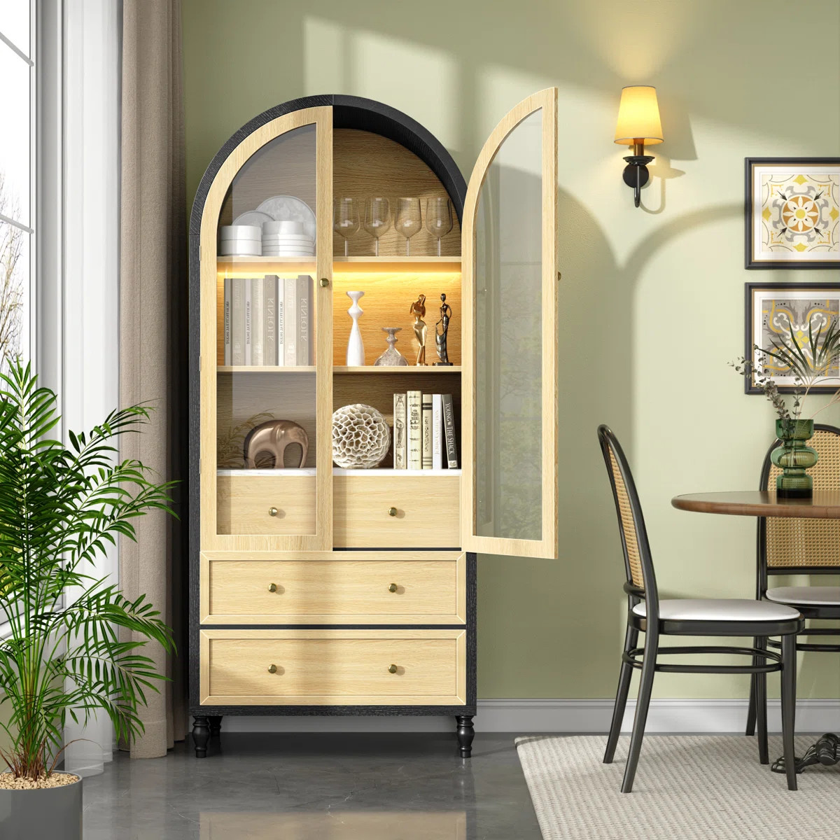 73" Tall Arched Cabinet With Acrylic Door, Display Modern Farmhouse Cabinet With Led Light & Adju... | Wayfair North America