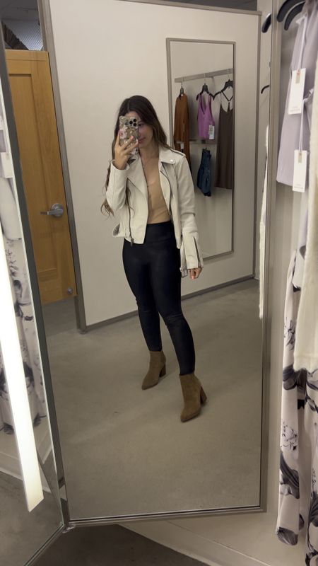 Nsale fall outfits style guide! Love this all saints leather jacket, paired with this neutral bodysuit, and Spanx faux leather leggings! Super cute Nordstrom Anniversary Sale pieces still in stock. Xoxo

#fall #leather #jacket #blazer #spanx #leggings #bodysuit #neutrals #booties #boots #ootd #nsale #salepicks #travel #airport #winter 

#LTKtravel #LTKsalealert #LTKxNSale