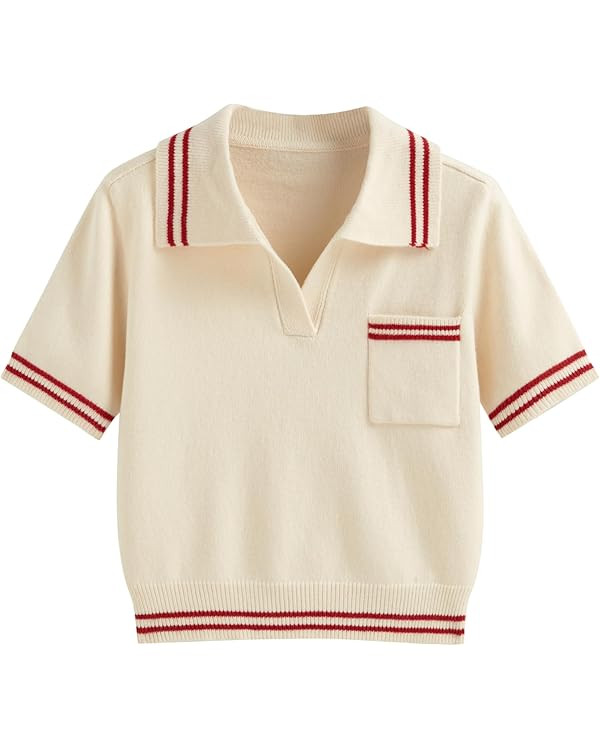 CIDER Short Sleeve Sweater Knit Top Collar Neck Stripe Pullover Casual Elegant Women’s Collared... | Amazon (US)