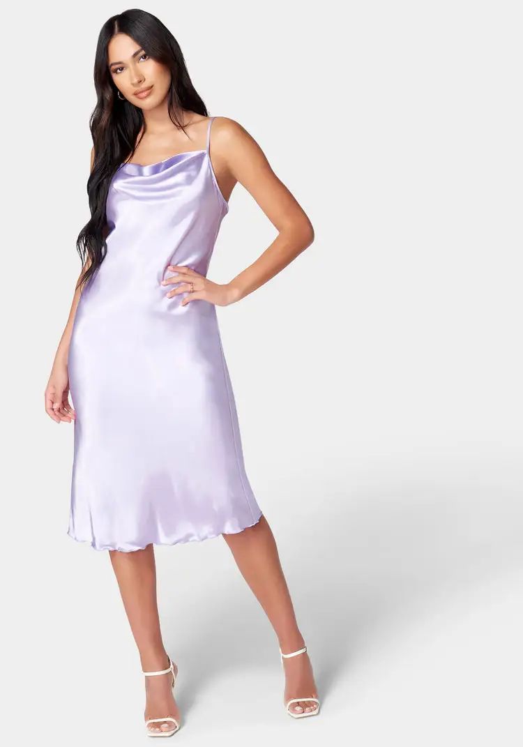 Satin Cowl Neck Slip Midi Dress | Bebe