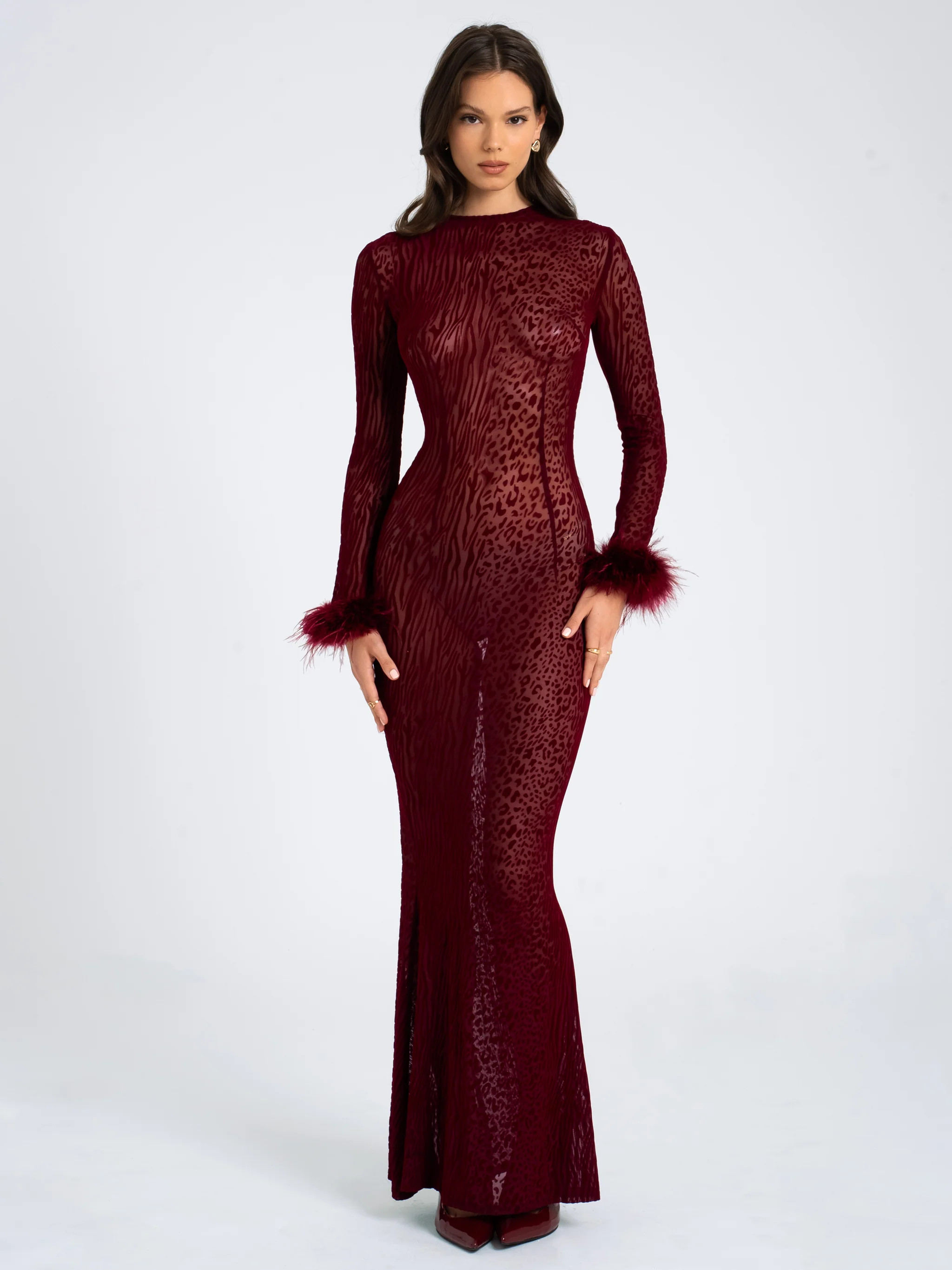 Patricia Burgundy Leopard Burnout Velvet Mesh Backless Maxi Dress | Miss Circle