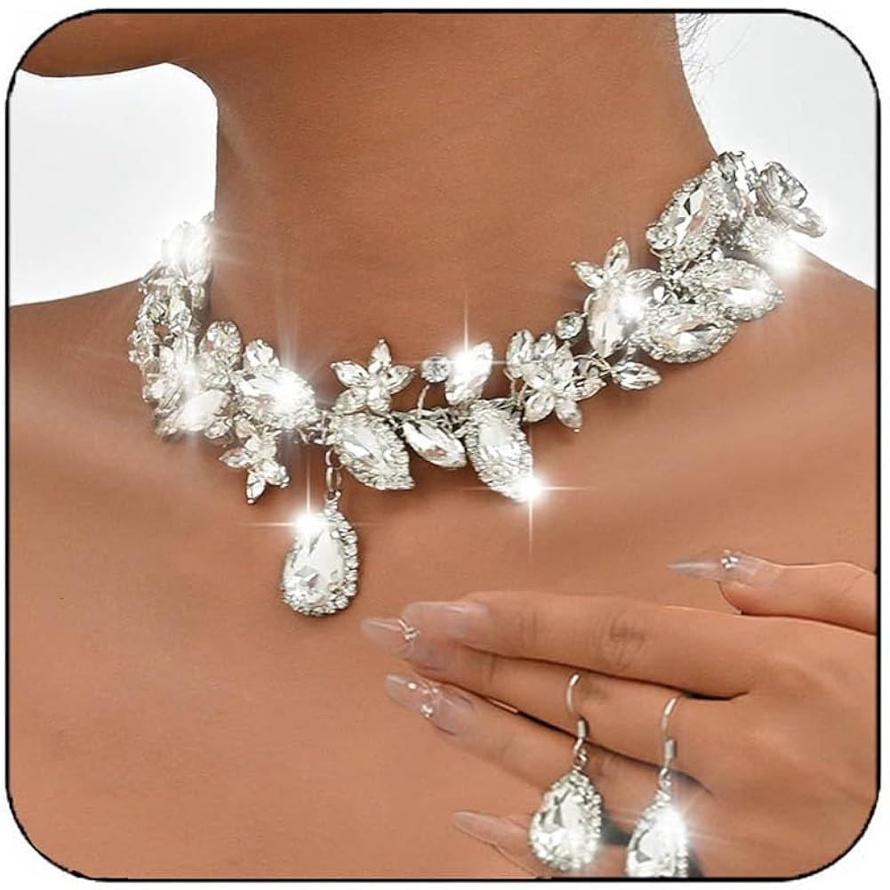 Unicra Crystal Bridal Wedding Jewelry Set Rhinestone Necklace Earrings Sets Formal Costume Jewelr... | Amazon (US)