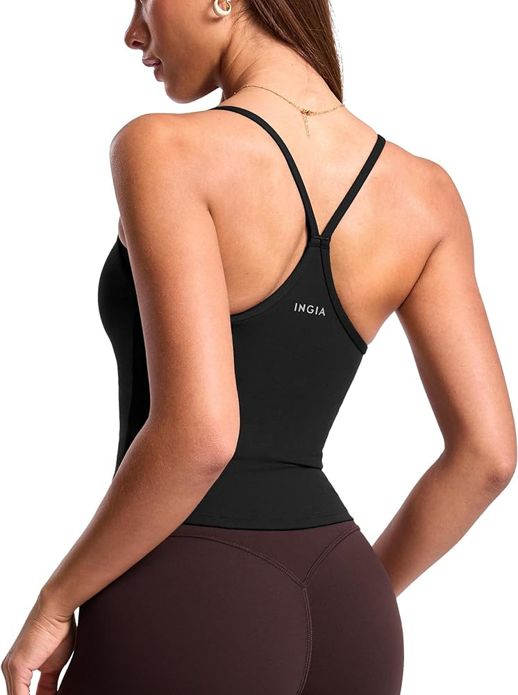 INGIA Womens Deep V Neck Tank Top with Built-in Bra Strappy Low Y Back Fitted Crop Workout Pilate... | Amazon (US)
