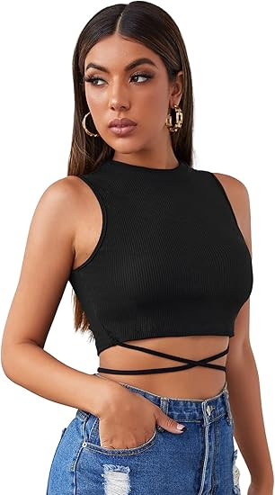 SheIn Women's Crisscross Tie Back Crop Top Sleeveless Round Neck Tank Tops | Amazon (US)