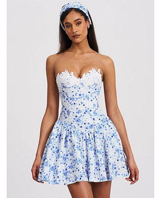 Women's Taleah Blue Floral Print Linen Mini Dress with Lace Trim | Macy's