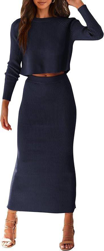 PRETTYGARDEN Women's Winter 2 Piece Sweater Set Rib Knit Long Sleeve Crop Top Maxi Bodycon Skirt ... | Amazon (US)