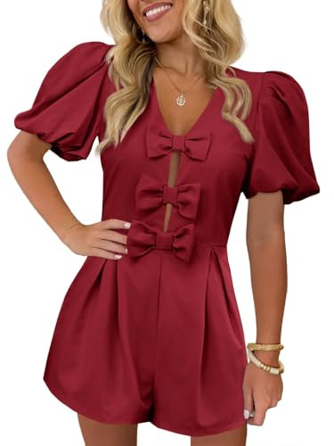 Cicy Bell Womens Cute Rompers Bow Front Puff Sleeve V Neck Short Jumpsuits Sexy Summer Outfits with Pockets | Amazon (US)