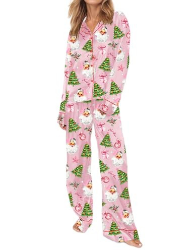 Satin Silk Christmas Pajamas Set for Women Cute Santa Claus Pjs Button Up Shirt+Pants 2 Piece Xmas Jammies (Santa Tree Pink, S) | Amazon (US)