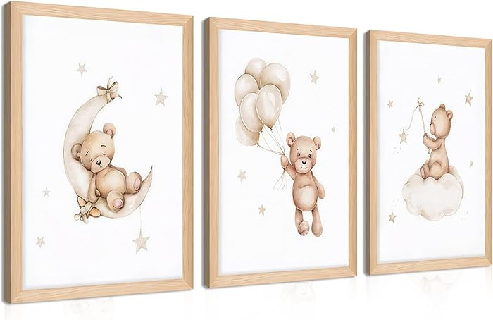 Framed Teddy Bear Wall Art Nursery Decor Set of 3, Bear Sleeping on The Moon and Stars Pictures C... | Amazon (US)