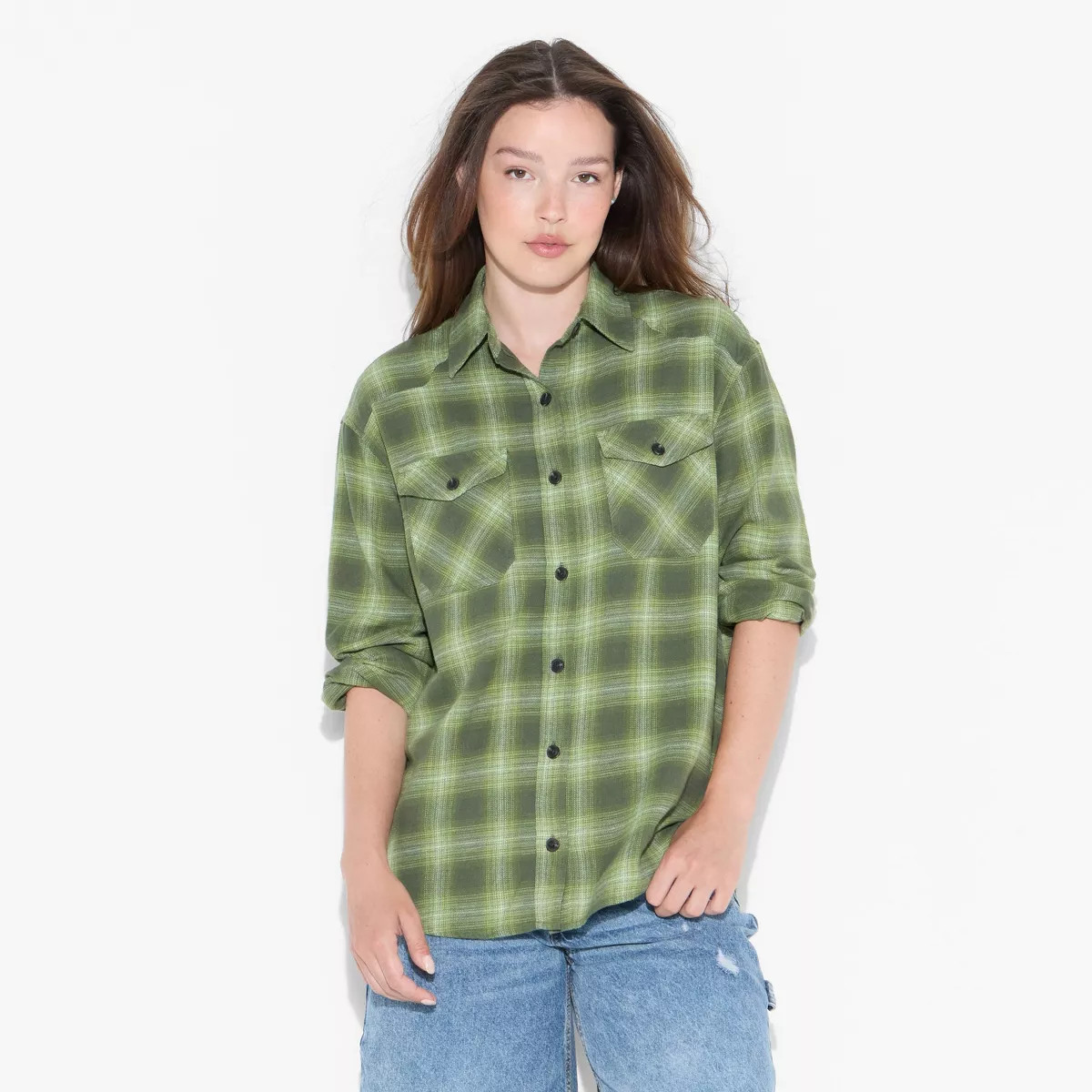 Women's Oversized Long Sleeve Collared Flannel Shirt - Wild Fable™ Olive Green Plaid M | Target